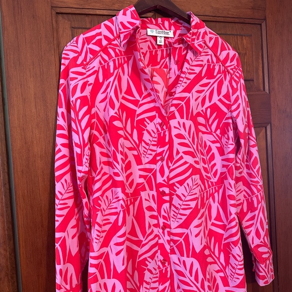 Coolibar Kitts Cover-up Shirt Dress UPF 50 in Pink/Red Leaves size S - Picture 5 of 11